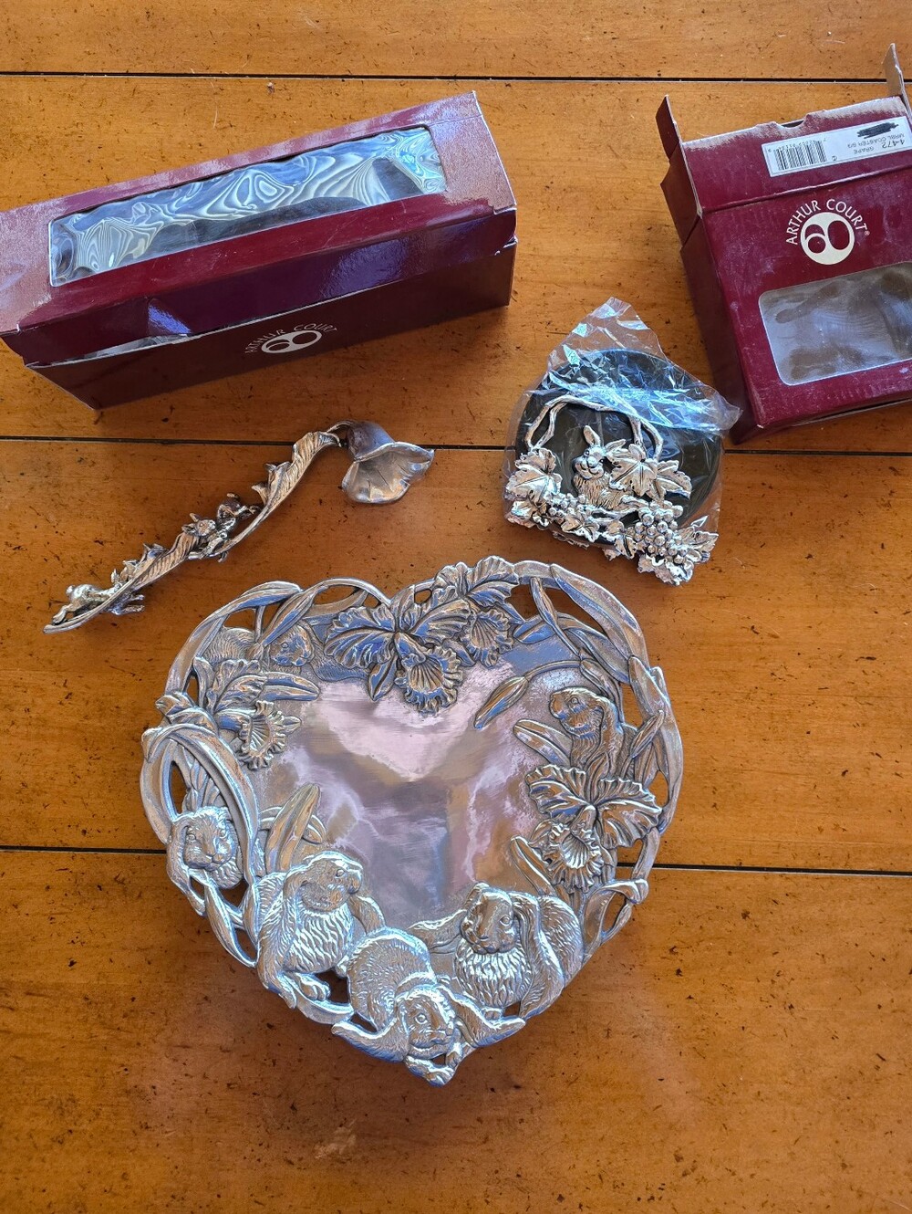 Vintage 1990s New Arthur Court Pewter Rabbit Theme Bowl, Coaster & Candle Snuff